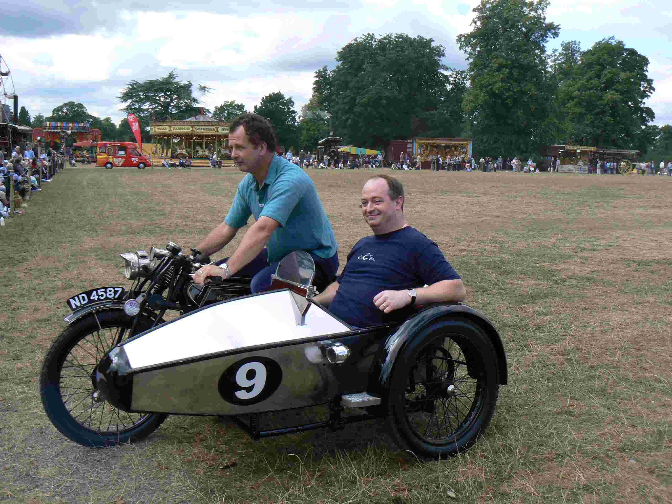 the New Scale motorbike and sidecar with Mark and Matthew Scale riding